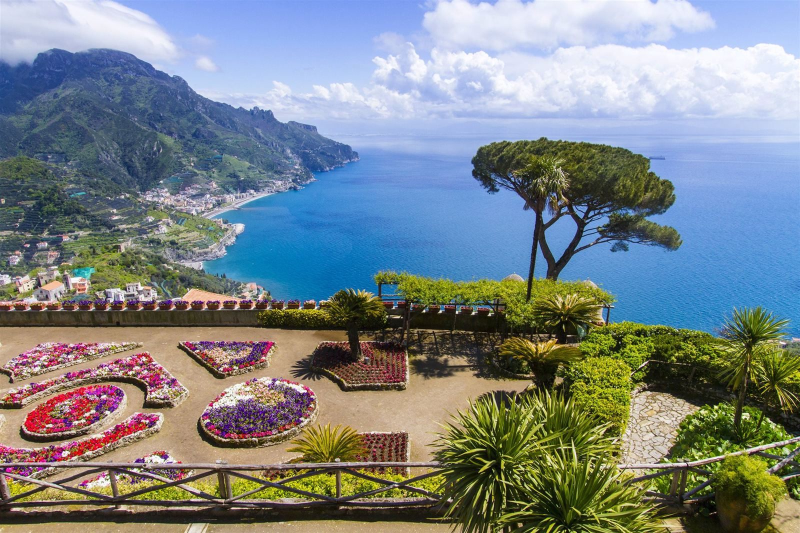 Flower-bed garden terrace with an umbrella pine high above the Amalfi Coast and the sea