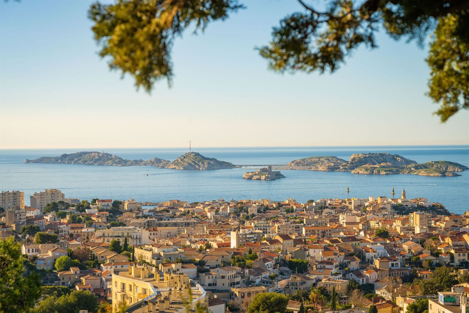 Rooftops of Marseille looking out to the Frioul islands and the small fortified island of Château d&rsquo;If