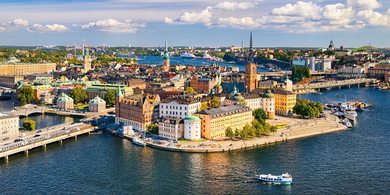 Aerial view of Stockholm&rsquo;s old town islands, church spires and the surrounding water